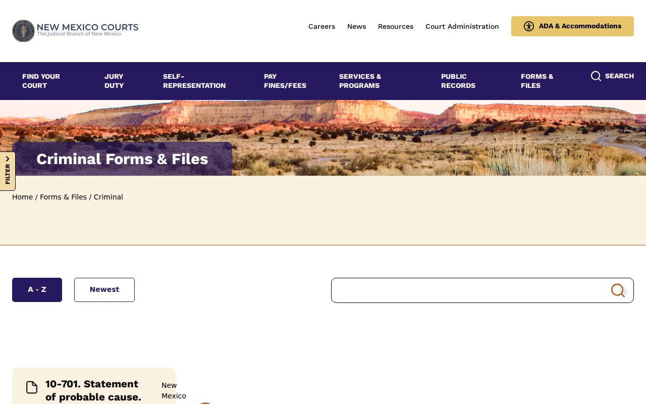 New Mexico Courts criminal form index with arrest and bench warrant forms