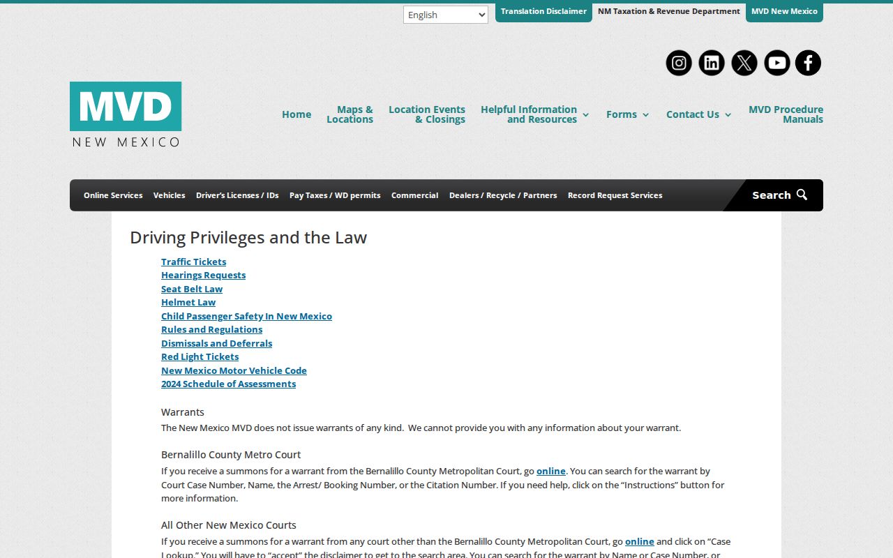 New Mexico MVD statement that it does not issue or provide warrant information