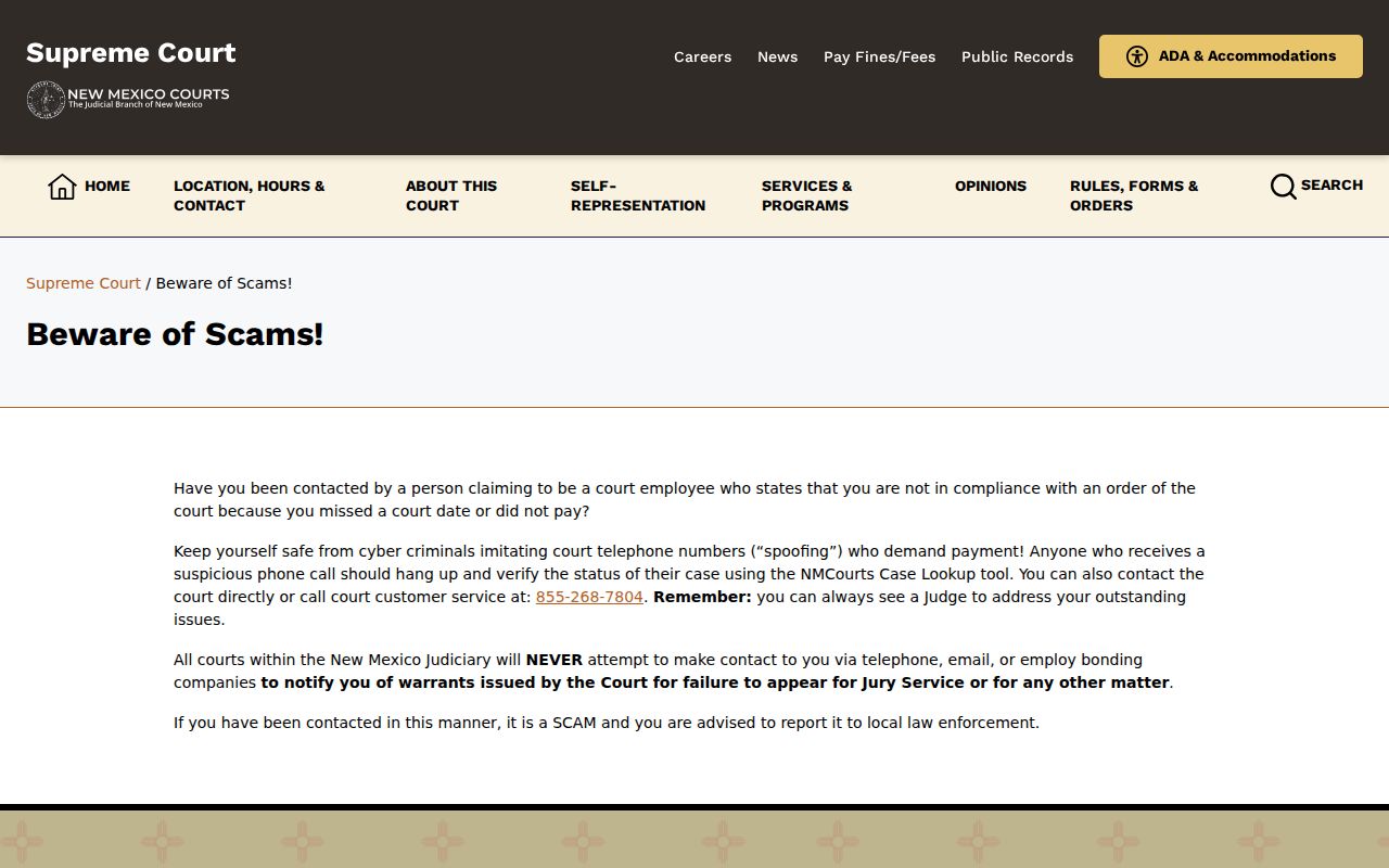 New Mexico Supreme Court warning about warrant payment scams