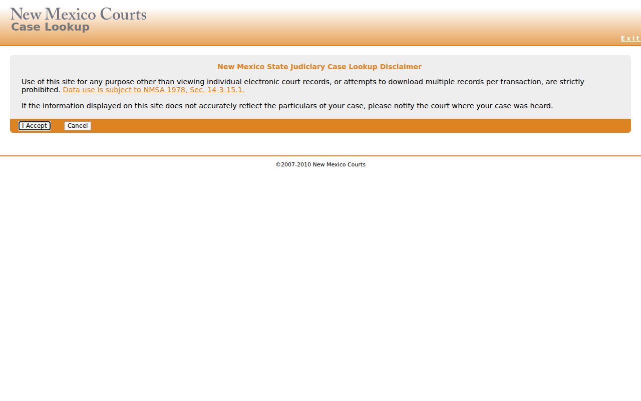 New Mexico public Case Lookup entry screen for De Baca County court records